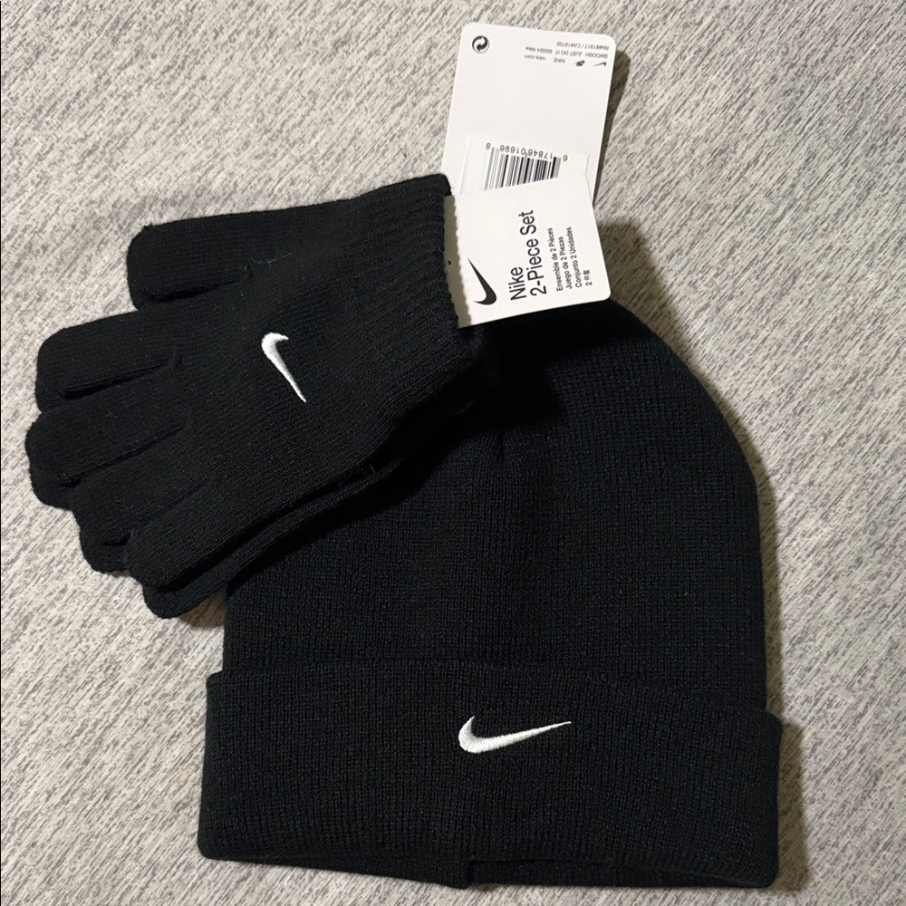 Nike Black Beanie and Gloves with White Logo (2-piece set) Kids